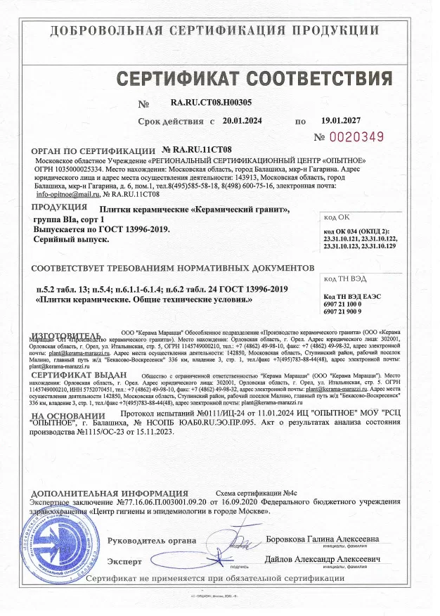 4. Плитки керамические "керамический гранит" KERAMA MARAZZI (Малино, ГОСТ 13996-2019). Срок действия до 19.01.2027